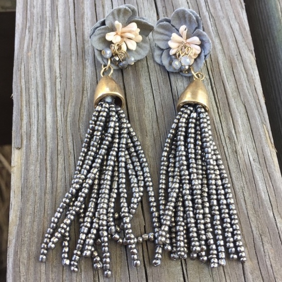 Fabric Flower Post Beaded Tassel Post Earrings - Picture 4 of 8